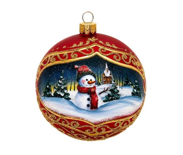 Boule de Noël en verre rouge bonhomme de neige bonnet rayé écharpe rouge sapins enneigés Ø10cm