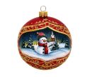 Voir la slide Boule de Noël en verre rouge bonhomme de neige bonnet rayé écharpe rouge sapins enneigés Ø10cm