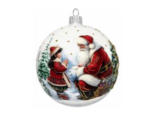 Boule de Noël en verre blanc Père Noël agenouillé fillette manteau rouge sapins flocons dorés  Ø10cm