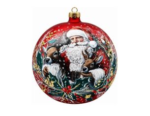 Boule de Noël en verre rouge Père Noël rennes couronne houx baies rouges feuillage doré capuchon doré Ø10cm