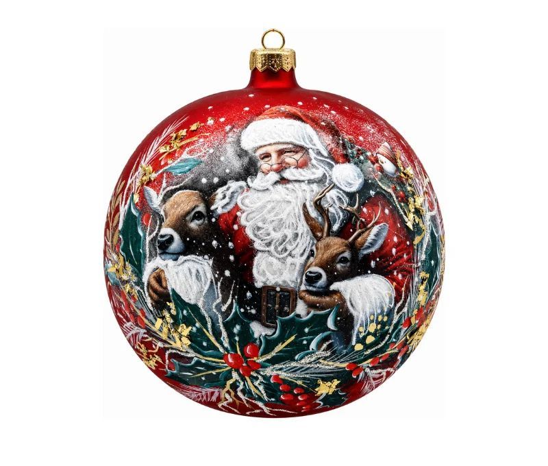 Boule de Noël en verre rouge Père Noël rennes couronne houx baies rouges feuillage doré capuchon doré Ø10cm