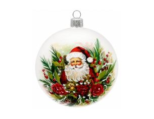 Boule de Noël en verre blanc visage Père Noël bonnet rouge barbe blanche roses rouges sapin