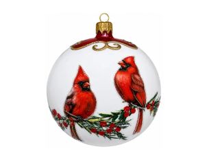 Boule de Noël en verre blanc cardinaux rouges branche houx baies rouges feuillage vert Ø10cm