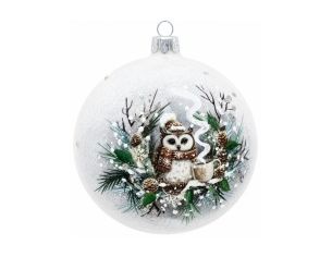 Boule de Noël en verre blanc effet neigé hibou bonnet écharpe tricotée mug fumant sapin