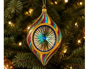 Suspension de Noël en verre goutte tricolore doré turquoise magenta rayures torsadées H17cm
