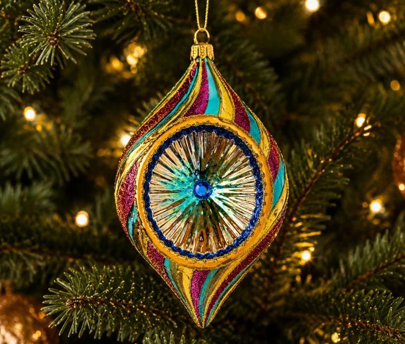 Suspension de Noël en verre goutte tricolore doré turquoise magenta rayures torsadées H17cm