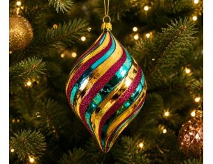 Suspension de Noël en verre goutte tricolore doré turquoise magenta rayures torsadées H17cm