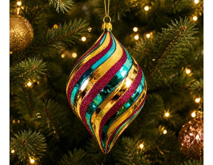 Suspension de Noël en verre goutte tricolore doré turquoise magenta rayures torsadées H17cm