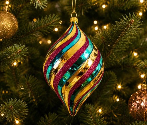 Suspension de Noël en verre goutte tricolore doré turquoise magenta rayures torsadées H17cm