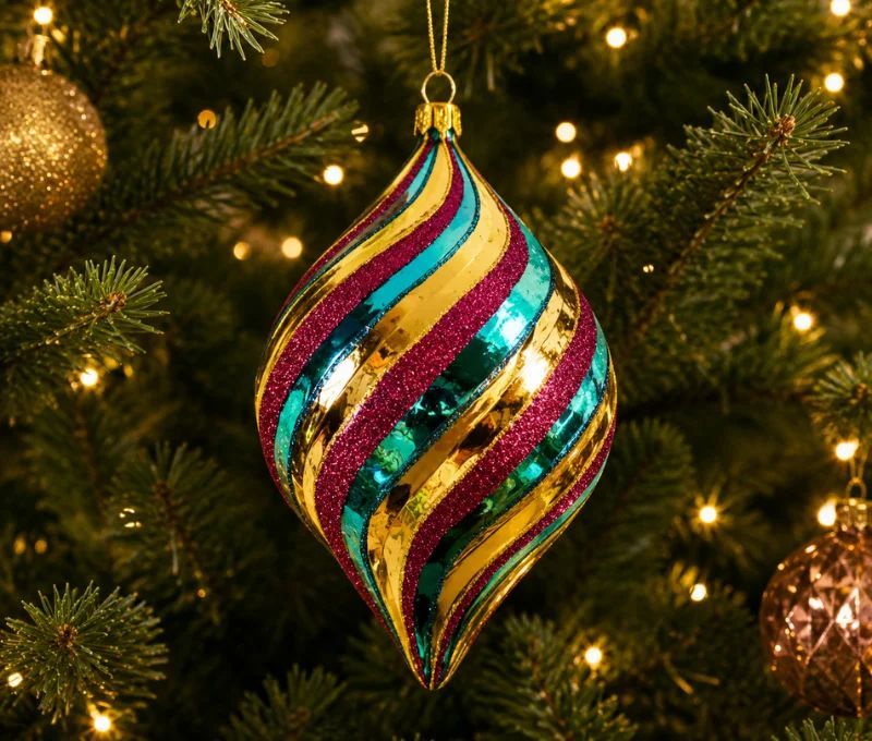 Suspension de Noël en verre goutte tricolore doré turquoise magenta rayures torsadées H17cm