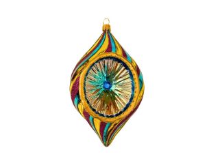 Suspension de Noël en verre goutte tricolore doré turquoise magenta rayures torsadées H17cm
