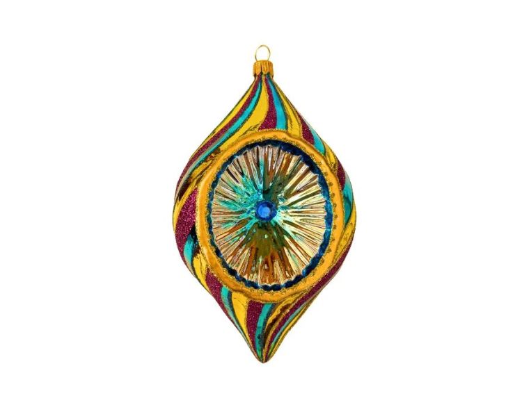 Suspension de Noël en verre goutte tricolore doré turquoise magenta rayures torsadées H17cm