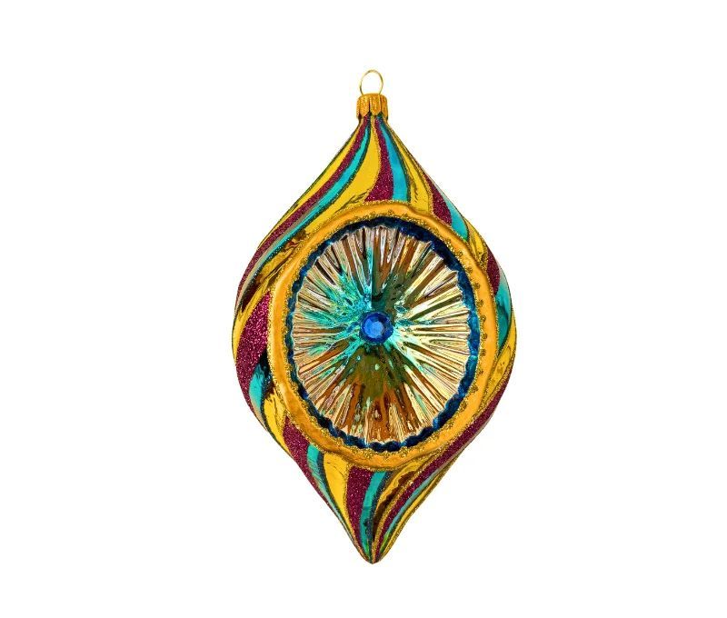 Suspension de Noël en verre goutte tricolore doré turquoise magenta rayures torsadées H17cm
