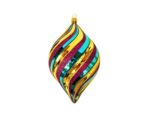 Suspension de Noël en verre goutte tricolore doré turquoise magenta rayures torsadées H17cm