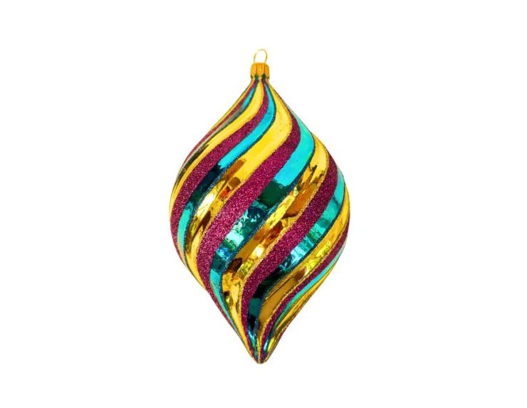 Suspension de Noël en verre goutte tricolore doré turquoise magenta rayures torsadées H17cm
