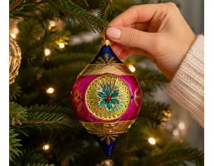 Suspension de Noël en verre goutte bleu magenta doré motifs floraux réflecteur central facetté turquoise rouge H12cm