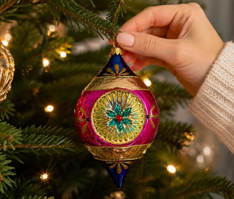 Suspension de Noël en verre goutte bleu magenta doré motifs floraux réflecteur central facetté turquoise rouge H12cm