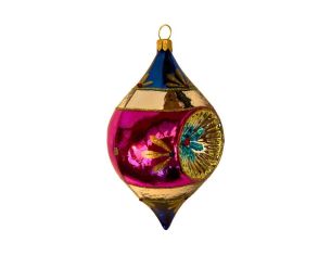 Suspension de Noël en verre goutte bleu magenta doré motifs floraux réflecteur central facetté turquoise rouge H12cm