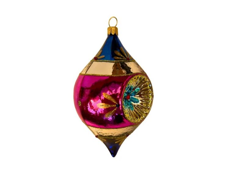 Suspension de Noël en verre goutte bleu magenta doré motifs floraux réflecteur central facetté turquoise rouge H12cm