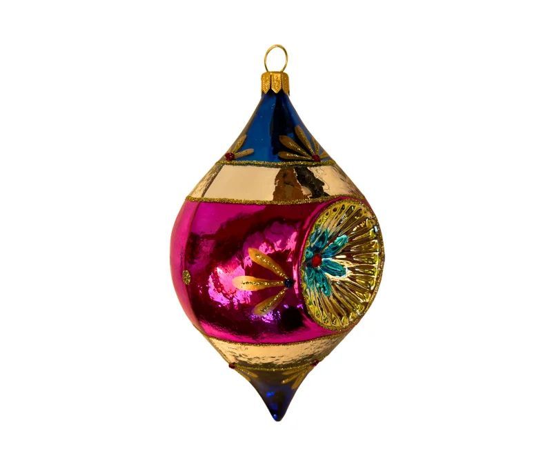 Suspension de Noël en verre goutte bleu magenta doré motifs floraux réflecteur central facetté turquoise rouge H12cm