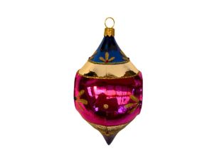 Suspension de Noël en verre goutte bleu magenta doré motifs floraux réflecteur central facetté turquoise rouge H12cm