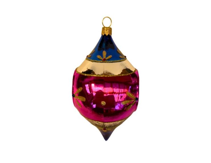 Suspension de Noël en verre goutte bleu magenta doré motifs floraux réflecteur central facetté turquoise rouge H12cm