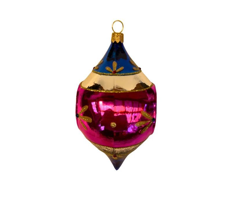 Suspension de Noël en verre goutte bleu magenta doré motifs floraux réflecteur central facetté turquoise rouge H12cm