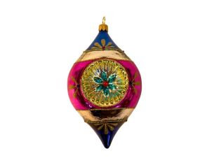 Suspension de Noël en verre goutte bleu magenta doré motifs floraux réflecteur central facetté turquoise rouge H12cm