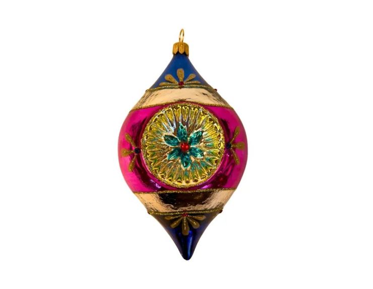 Suspension de Noël en verre goutte bleu magenta doré motifs floraux réflecteur central facetté turquoise rouge H12cm