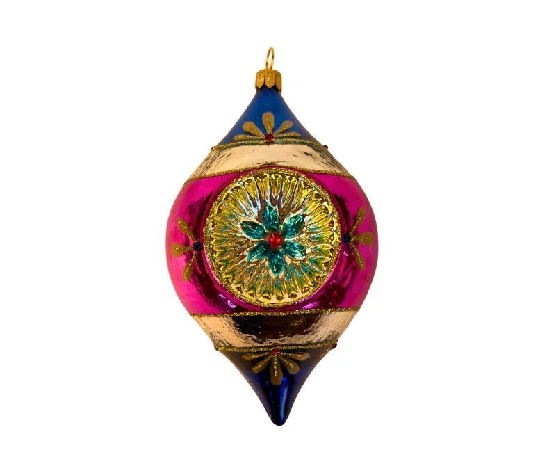 Suspension de Noël en verre goutte bleu magenta doré motifs floraux réflecteur central facetté turquoise rouge H12cm