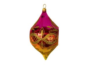Suspension de Noël en verre soufflé goutte rose doré motifs treillis dorés pailletés H12cm