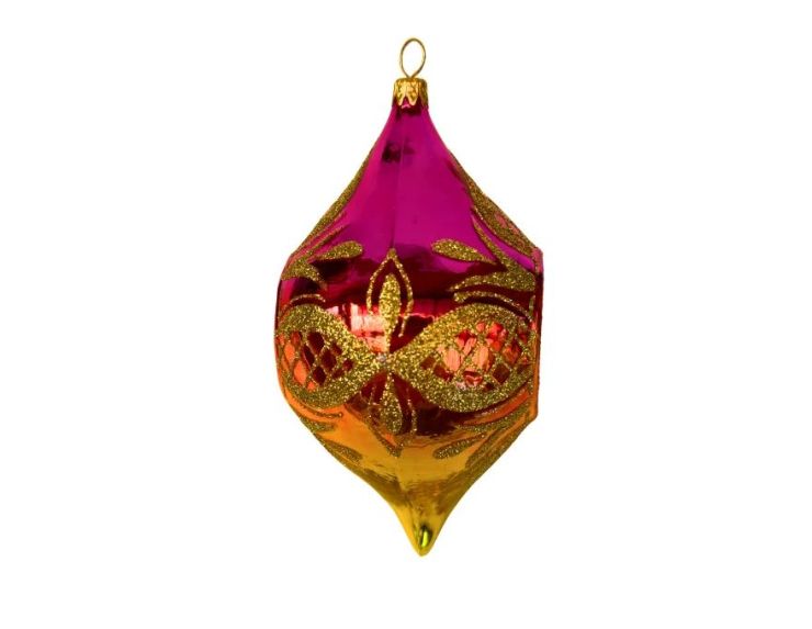 Suspension de Noël en verre soufflé goutte rose doré motifs treillis dorés pailletés H12cm