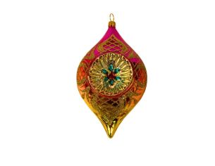 Suspension de Noël en verre soufflé goutte rose doré motifs treillis dorés pailletés H12cm