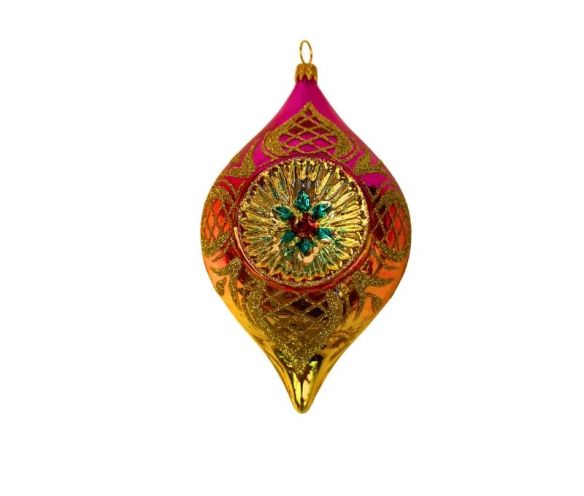 Suspension de Noël en verre soufflé goutte rose doré motifs treillis dorés pailletés H12cm