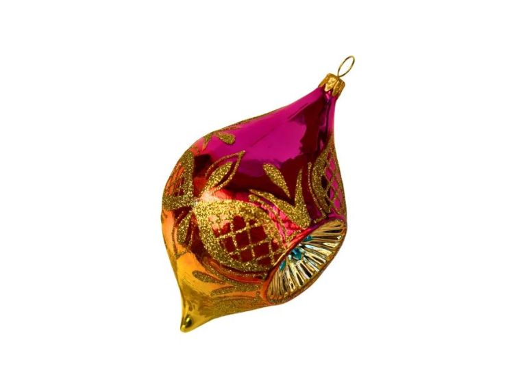 Suspension de Noël en verre soufflé goutte rose doré motifs treillis dorés pailletés H12cm