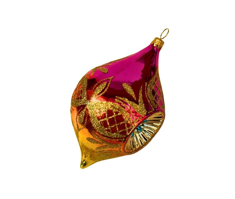 Suspension de Noël en verre soufflé goutte rose doré motifs treillis dorés pailletés H12cm