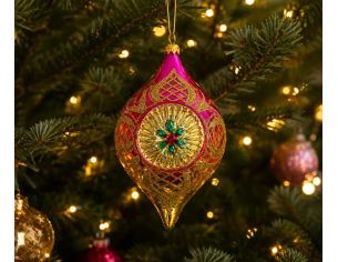 Suspension de Noël en verre soufflé goutte rose doré motifs treillis dorés pailletés H12cm