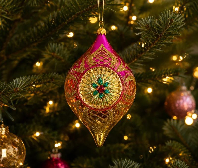 Suspension de Noël en verre soufflé goutte rose doré motifs treillis dorés pailletés H12cm