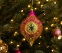 Voir la slide Suspension de Noël en verre soufflé goutte rose doré motifs treillis dorés pailletés H12cm