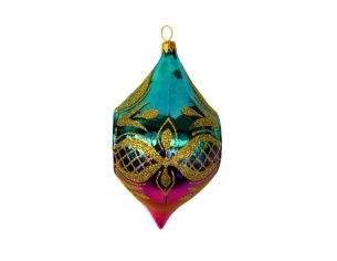Suspension de Noël en verre soufflé goutte turquoise magenta motifs treillis dorés H12cm