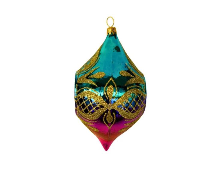 Suspension de Noël en verre soufflé goutte turquoise magenta motifs treillis dorés H12cm