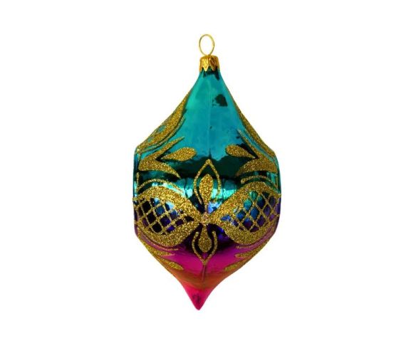 Suspension de Noël en verre soufflé goutte turquoise magenta motifs treillis dorés H12cm