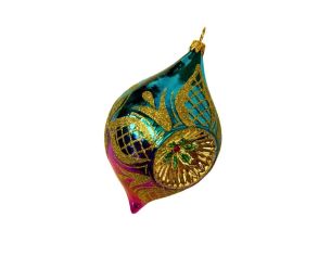 Suspension de Noël en verre soufflé goutte turquoise magenta motifs treillis dorés H12cm