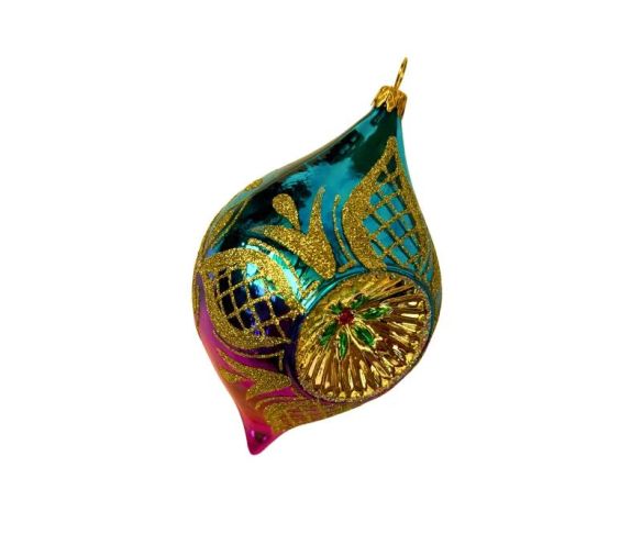 Suspension de Noël en verre soufflé goutte turquoise magenta motifs treillis dorés H12cm