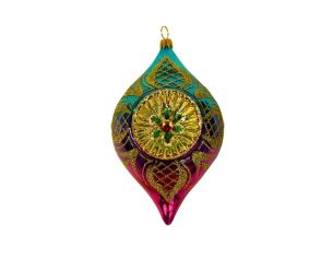 Suspension de Noël en verre soufflé goutte turquoise magenta motifs treillis dorés H12cm