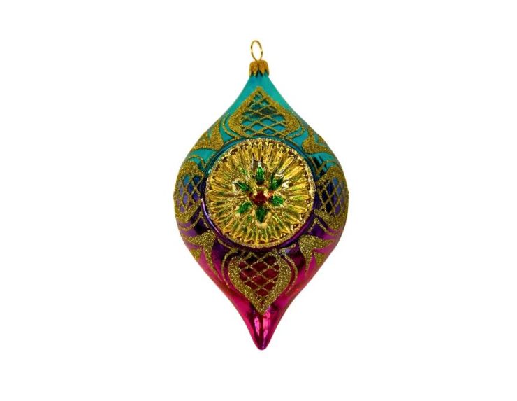 Suspension de Noël en verre soufflé goutte turquoise magenta motifs treillis dorés H12cm
