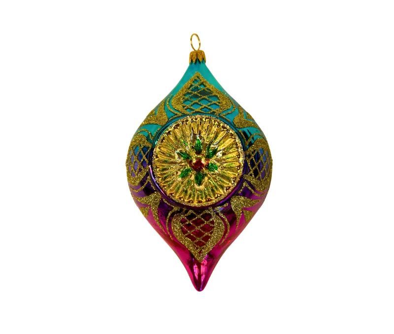Suspension de Noël en verre soufflé goutte turquoise magenta motifs treillis dorés H12cm