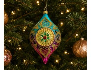 Suspension de Noël en verre soufflé goutte turquoise magenta motifs treillis dorés H12cm
