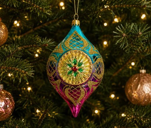 Suspension de Noël en verre soufflé goutte turquoise magenta motifs treillis dorés H12cm