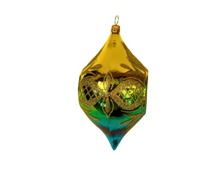 Suspension de Noël en verre soufflé goutte doré turquoise vert motifs treillis dorés